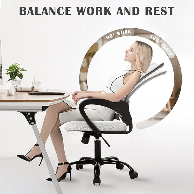 MKDLUFEI Office Chair, Ergonomic Cheap Desk Chair with Lumbar Support, Adjustable Mid Back Task Rolling Swivel for Home Office Student, Adults,Study, White