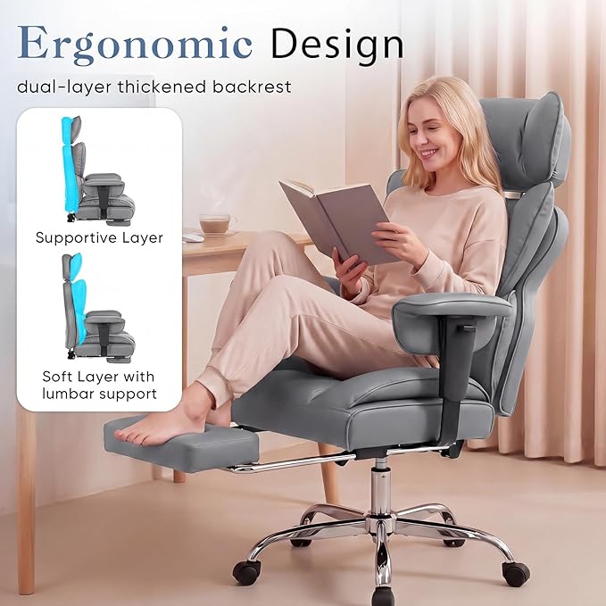 DUMOS Big and Tall Home Office Desk Chair, Gaming Computer Chair, Executive Ergonomic Chair with Footrest, High Back Reclining, Adjustable Armrests and Comfy Lumbar Support, PU Leather, Grey