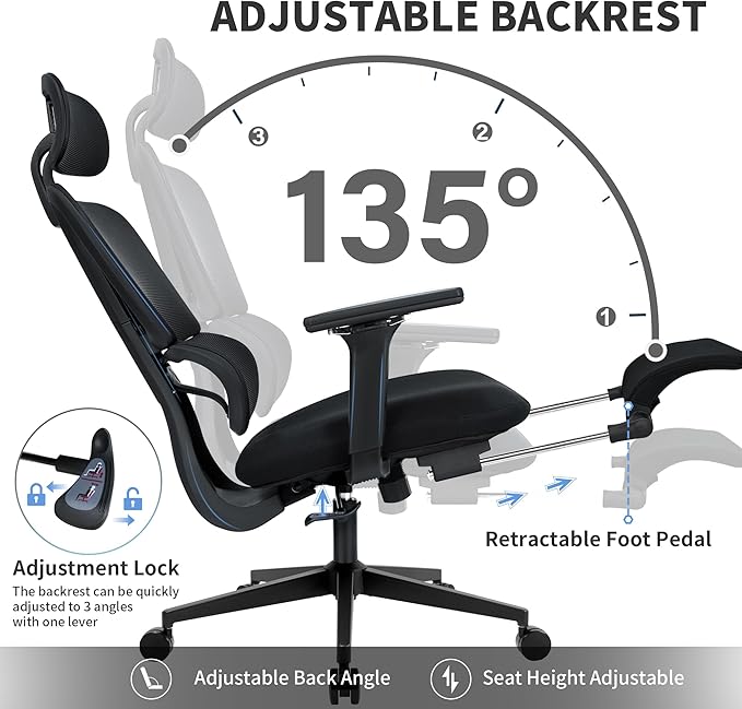 Ergonomic Office Chair with Footrest, 90-135° Reclining High Back Desk Chair with Lumbar Support, 2D Headrest, 4D Armrests, Computer Chair for Long Hours, Black