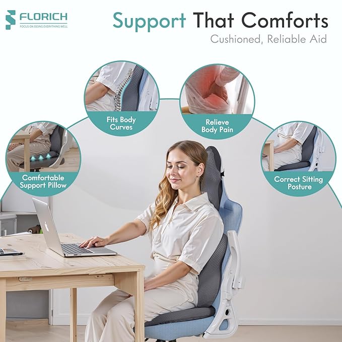 FLORICH Car Seat Cushion and Lumbar Support Pillow for Office Chair Car, Neck Headrest Pillow, Ergonomic Memory Foam, Pressure-Relieving Back Support for Car, Office Chair & Wheelchair – Gray