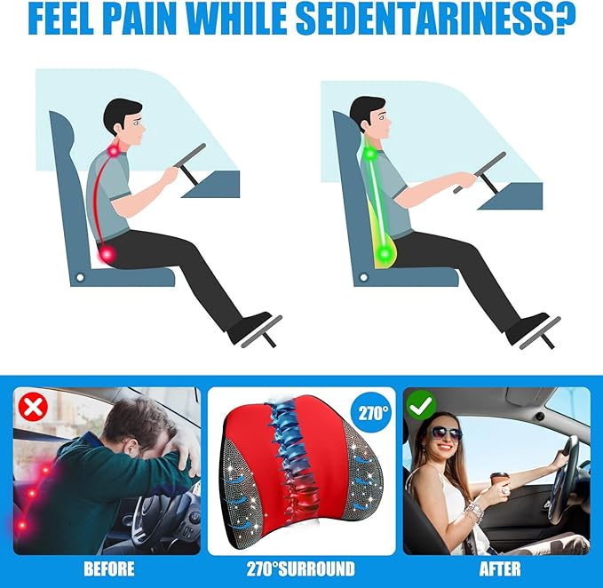 Lumbar Support Pillow with Diamond, Memory Foam Lumbar Pillow for Office Chair for Lower Back Pain Relief, Car Lumbar Support for Driving Seat, Back Support Pillow for car Chair (Red)