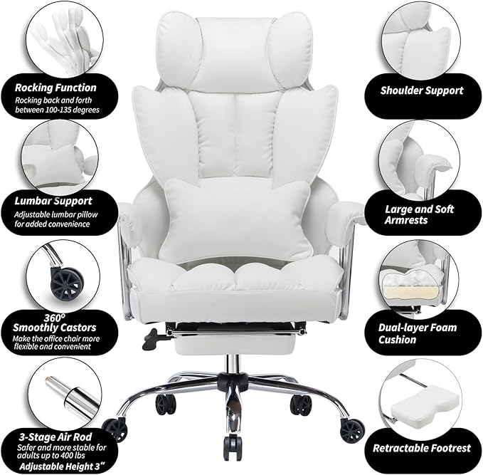 Efomao Big and Tall Office Chair 400lbs – High Back Executive Chair with Swivel Base, PU Leather Upholstery, Lumbar Pillow, Padded Armrests, and Rolling Wheels，White Computer Chair