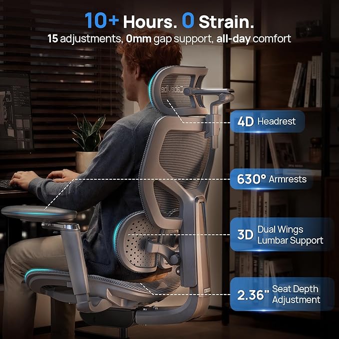 Ergonomic Office Chair with Lumbar Support - Over 10 Hours Sitting Comfortable, Mesh Big and Tall Home Computer Desk Chairs, 4D Headrest, 630° Armrst, Seat Depth Adjustable, 330 LBS