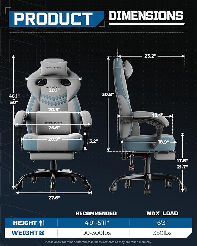 GTPLAYER Gaming Chairs for Adult - Ergonomic Big & Tall Gaming Seat with Footrest & Lumbar Support, Comfortable Office Chair 90-155° Reclining - Heavy Duty Wide Computer Seat, Grey