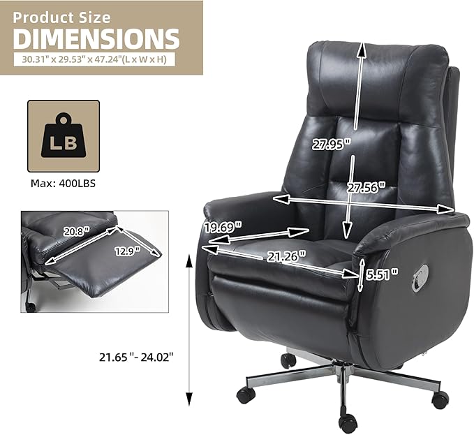 ECOTOUGE Power Office Chair with USB Charging, Recliner Executive Office Chair with Adjustable Footrest, Big and Tall High-Back Reclining Computer Chair, 400LBS Weight Capacity, Microfiber, Black