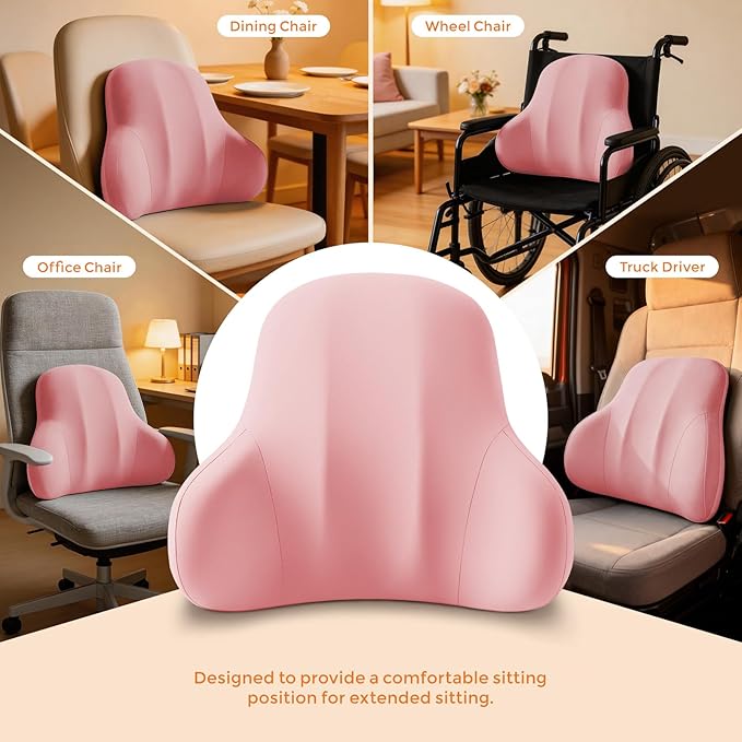 BABUR Lumbar Support Pillow for Car, Ergonomic Memory Foam Support Pillow for Lower Back Pain Relief, Washable Cover, Lumbar Cushion for Driving Seat, Fits Most Cars | Pink