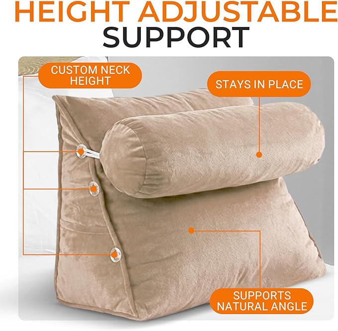 Cheer Collection Reading Wedge Pillow - Adjustable Wedge Reading Pillow with Neck Support, Hollow Fiber-Filled Backrest Pillow for Reading, Gaming, and TV Watching, Taupe