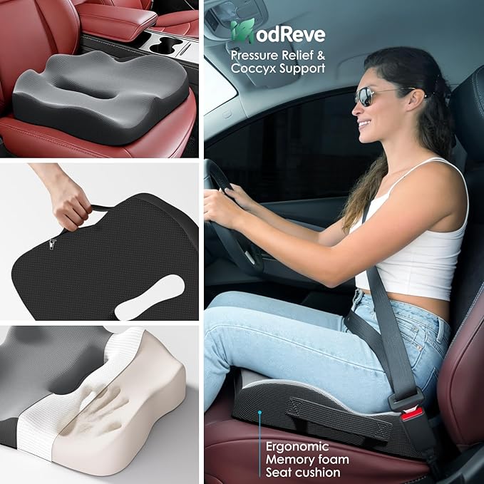 Car Seat Cushion, Extra Large Memory Foam Cushion with Adjustable Strap for Truck Drivers & Long Driving, Orthopedic Sciatica and Tailbone Pain Relief, Comfort Support for Travel Essentials