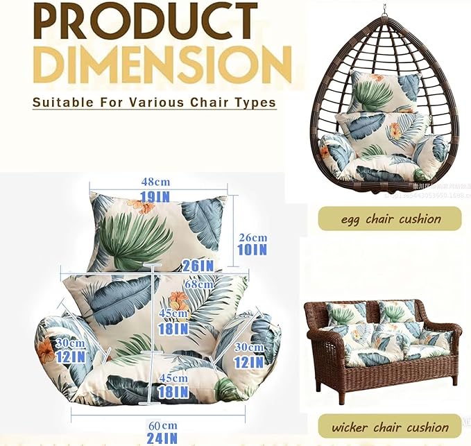 Printed Egg Chair Cushion Hanging Basket Hammock Seat Cushion Thick Soft Swing Chair Pad with Headrest for Patio Furniture Blue Grey