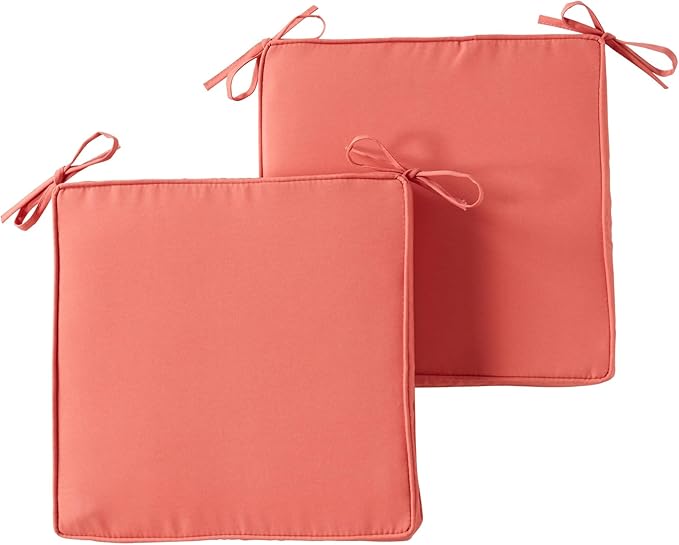 Outdoor 18 inch Square Patio Dining Chair Pads – Comfortable Fiber-Filled Seat Cushions with Ties, Reversible Polyester Fabric - Coral, Set of 2