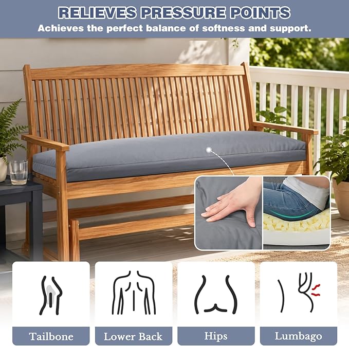 baibu 45Inch Outdoor Bench Cushion Waterproof, Bench Cushions for Outdoor Furniture, Dual-Layer Memory Foam atio Furniture Cushions, Porch Swing Seat Pad with Washable Cover & Ties, 45x16x3.5, Grey