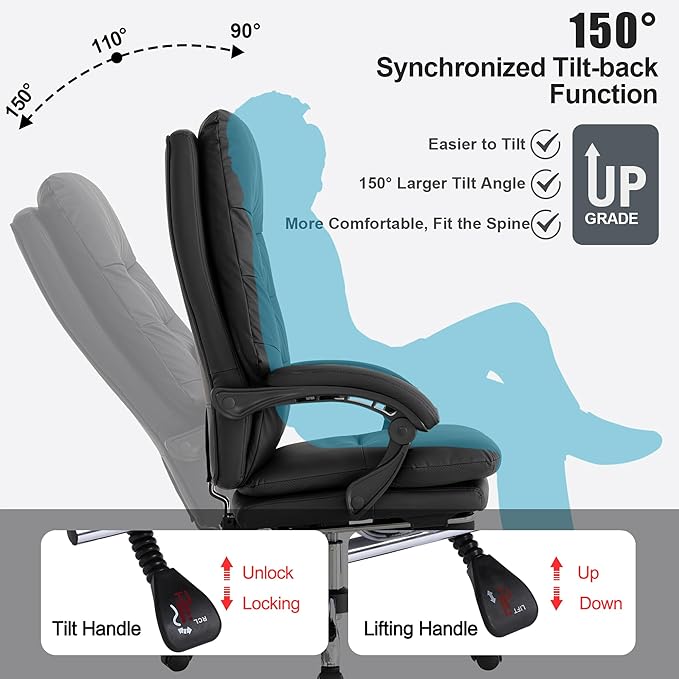 Kneading Massage Executive Office Chair with Heated,90-135° Reclining Chair with Footrest, Ergonomic Desk Chairs (Black with External Massager)