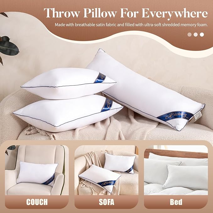 Premium Memory Foam 16 x 26 Inch Throw Pillow Insert - Decorative Lumbar Throw Pillow for Living Room, Sofa and Couch, 16 x 26 Inch, White