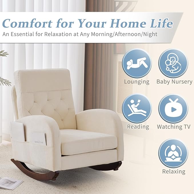 VINGLI Chenille Low Seat Rocking Chair,Upholstered Nursery Glider Chair with Side Pockets,Accent Arm Chair with High Backrest,Comfy Head Rest, and Solid Wood Base For Living Room Bedroom Balcony,Beige