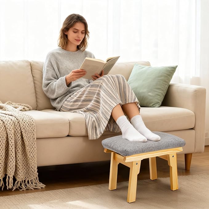 Lawei Small Foot Stool Ottoman, 11 Inch Soft Fabric Foot Rest for Under Desk, Tea Seat Stool with Wood Legs and Padded, Rectangular Footstool for for Sofa Living Room Bedroom Entryway, Easy Assembly