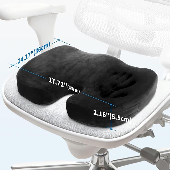 Memory Foam Seat Cushion for Office Chair & Car - Tailbone, Sciatica & Coccyx Pain Relief Butt Pillow - Ergonomic Desk Chair Pad for Long Sitting, Gaming & Travel, Black
