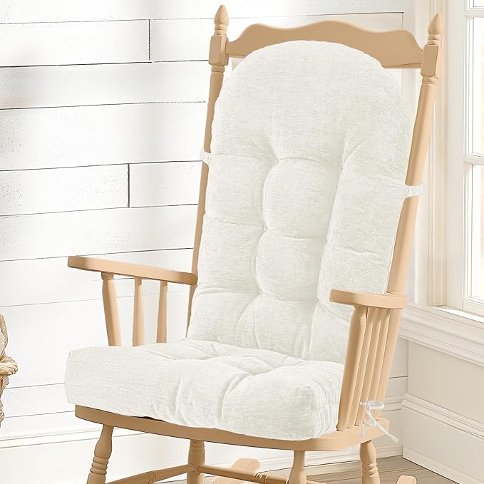 Rocking Chair Cushion - Chenille Fabric, High-Density Sponge, Durable Comfort Double-Sided Tufted Seat Pads with Ties, Chenille︱White, 44x19x4 inch