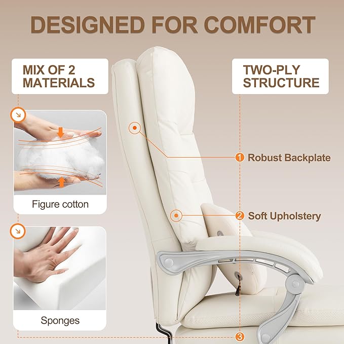 Kneading Massage Executive Office Chair with Heated,90-135° Reclining Chair with Footrest, Ergonomic Desk Chairs (Creamy White with External Massager)