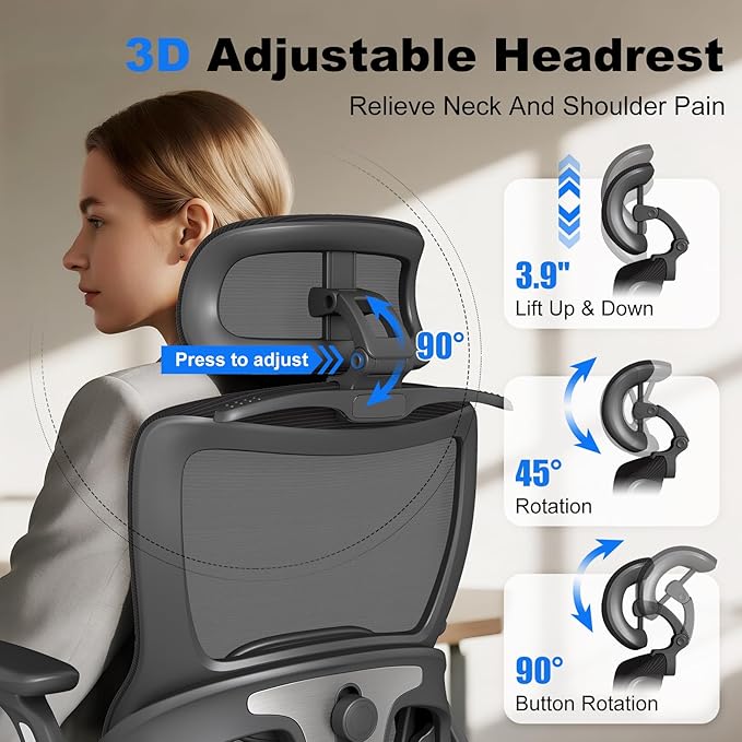 Ergonomic Office Chair, Home Computer Chair with 3D Adjustable Headrest and 4D Flip-Up Armrests, Adjustable Lumbar Support, Suitable for Office and Study, Black