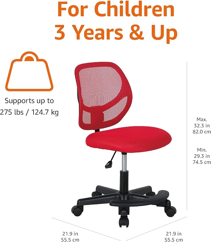 Amazon Basics Kids Adjustable Height Mesh Low-Back Swivel Desk Chair with Footrest, Rolling Computer Task Study Chair, Breathable, Red