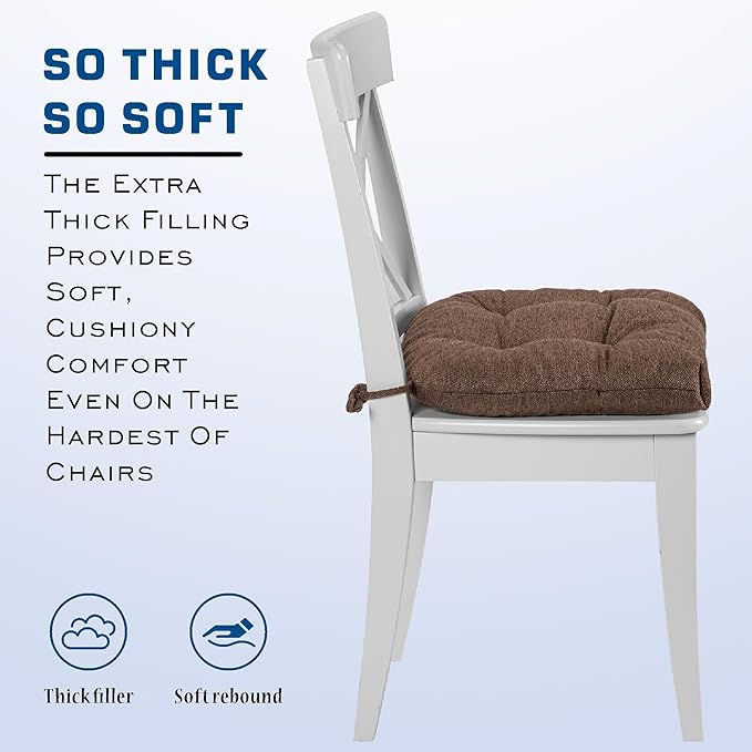 SQUARE MOON D-Shaped 3" Thick Chair Cushions, Chair Pads for Dining Chairs and Kitchen Chairs, Indoor Dining Room Seat Cushions with Ties, Machine Washable, 17" x 16" x 3", 4/Pack, Dark Coffee