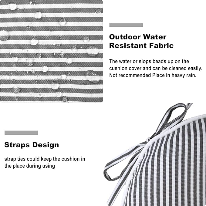 DYTXIII Set of 4 Outdoor Chair Cushions with Ties,Water Repellent Patio Chair Pads 17"x 16" for Outdoor Furniture,Round Corner Seat Cushions for Garden Yard Kitchen Stripe Gray