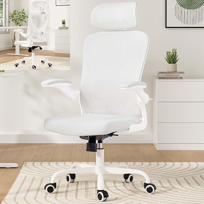 Ergonomic Mesh Office Chairs with Lumbar Support and Adjustable Headrest, High Back Comfortable Computer Desk Chair with Wheels and Armrests, Home Office Rolling Gaming Chair, Max Load 350 lbs (White)