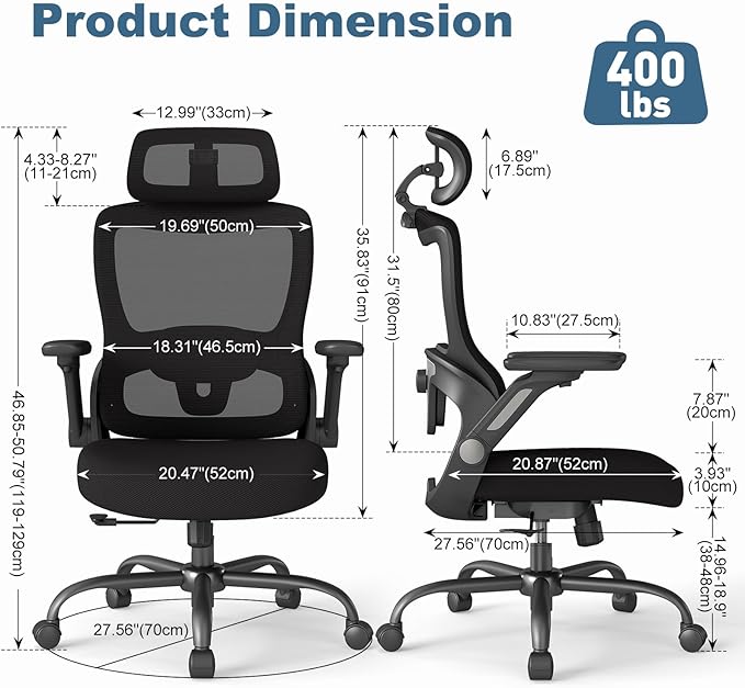 Ergonomic Office Chair, Home Computer Chair with 3D Adjustable Headrest and 4D Flip-Up Armrests, Adjustable Lumbar Support, Suitable for Office and Study, 10PC, Black
