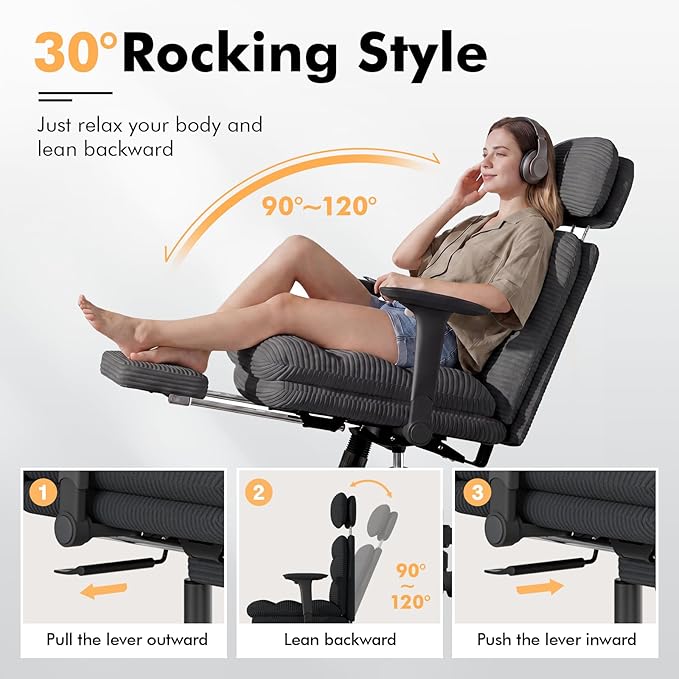 GXJ Criss Cross Chair with Flip-up Arms, Executive Office Chair with Foot Rest, Swivel Cross Legged Office Chair with Lumbar Pillow&Headrest, Corduroy Comfy Computer Desk Chair for Home, Black