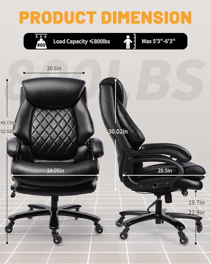 Big and Tall Executive Office Chair with Adjustable Lumbar Support, Extra Wide Seat, Heavy Duty Computer Desk Chair for Long Working Hours, Gaming & Home Office, Quiet Rolling Wheels