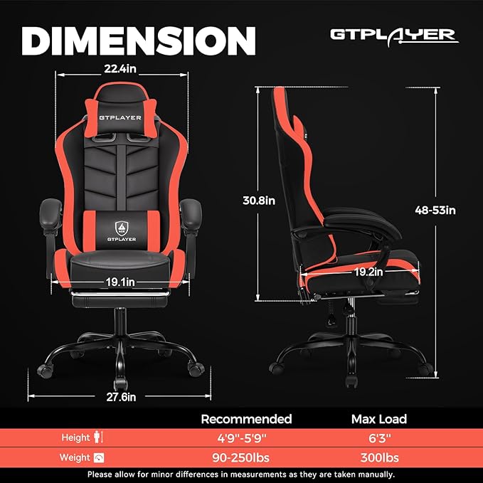 GTPLAYER Gaming Chair, Ergonomic Game Computer Chairs with Foot Rest for Adults, Adjustable PC Game Chair with Reclining Function and Comfortable Headrest for Home and Office Use (RED)