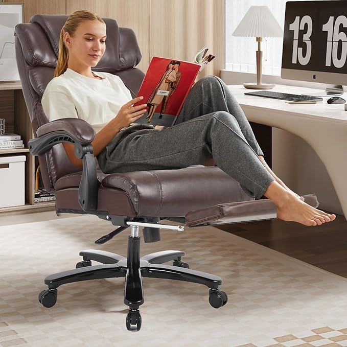 Heavy Duty Executive Office Chair, 550lbs Big and Tall Office Chair with Wide Seat, Reclining Ergonomic Desk Chair with Footrest PU Leather Computer Chair for Home Office, Red Brown