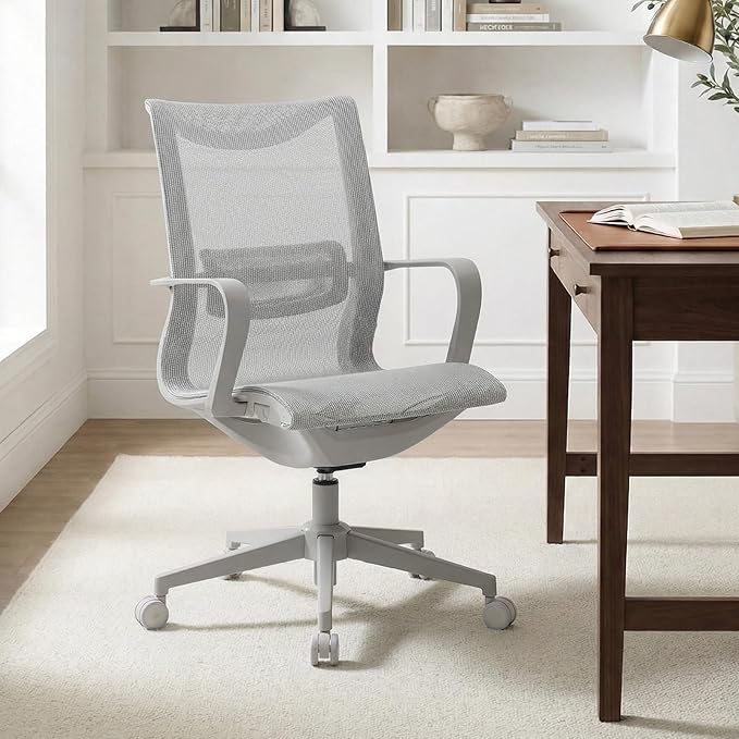 LuxErgo Ergonomic Mesh Office Chair, Mid Back Desk Chair with Lumbar Support & Armrests, Height Adjustable, 115° Recline, 360° Swivel Rolling Task Chairs for Home Office, Grey