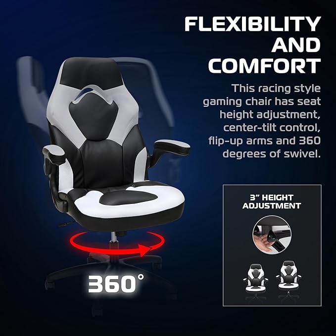RESPAWN 3085 Ergonomic Gaming Chair for Adults, High Back Office Chair with Headrest and Flip Up Arms, Leather Racing Style Gaming Seat with Lumbar Support, Video Game Computer Desk Seat - White