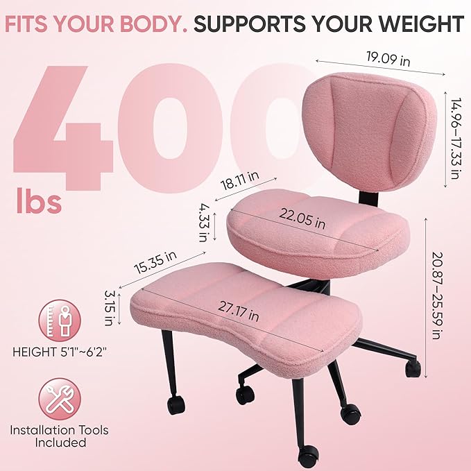 Criss Cross Office Chair with Wheels, Adjustable-Height Backrest & Swivel Footrest, Ergonomic Cross Legged Office Chair with Leg Rest for Kneeling Meditation Yoga ADHD (Pink Teddy Fleece)