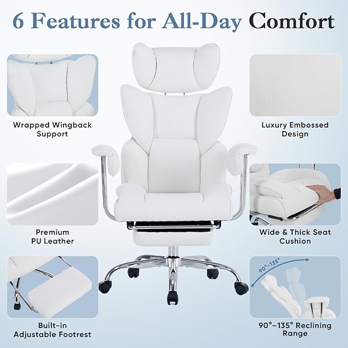 DUMOS Big and Tall Office Chair 350 LBS, Scratch-Resistant PU Leather Executive Office Desk Chair with Footrest, Ergonomic Reclining Computer Chair with Pocket Spring Support for Home Office, White
