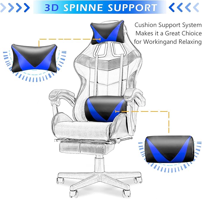 Soontrans Blue Gaming Chairs with Footrest,Ergonomic PC Computer Game Chair,Home Office Desk Chair with Headrest and Lumbar Support Gamer Chair for Adult