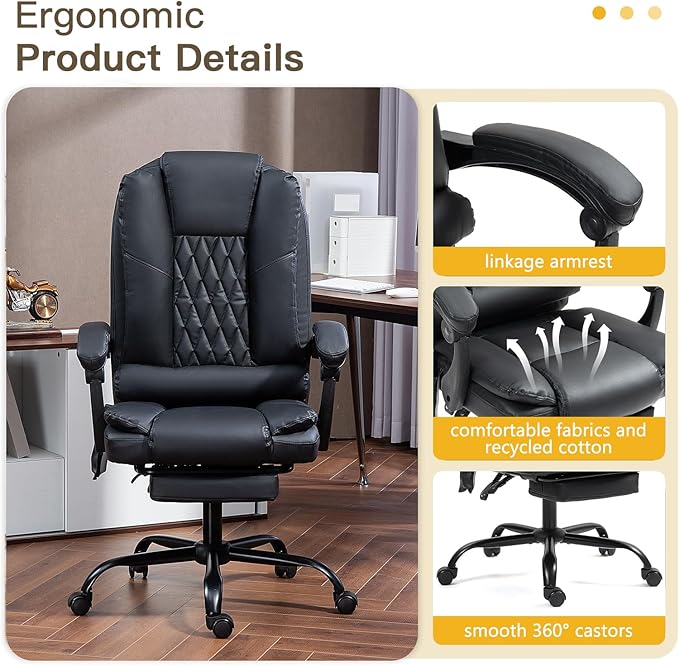 6-Point Heated Massage Office Chair with Footrest, Executive High Back PU Leather Computer Chair with Armrest & Reclining, Ergonomic Home Desk Chair with Lumbar Support, Black