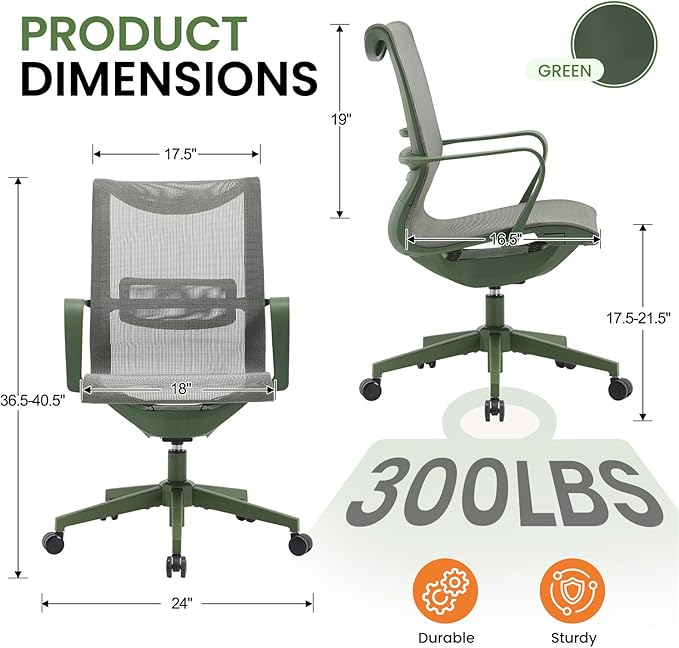 LuxErgo Ergonomic Mesh Office Chair, Mid Back Desk Chair with Lumbar Support & Armrests, Height Adjustable, 115° Recline, 360° Swivel Rolling Task Chairs for Home Office, Green