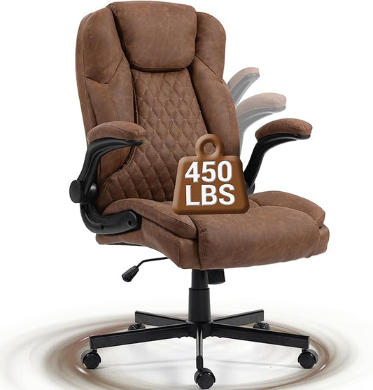 450 LBS Big and Tall Office Chair w/Flip Up Armrest, Comfy Heavy Duty Executive Chair, Extra Wide Seat Ergonomic Computer Home Office Desk Chair w/Rocking Function, Lumbar Support - Brown