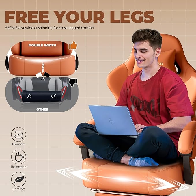 GTPLAYER Gaming Chair with Pocket Spring Cushion, Big and Tall Gamings Chairs 350LBS High Back Computer Chair with Footrest for Adults Lumbar Support Swivel Game Chair for Office, Leather Orange