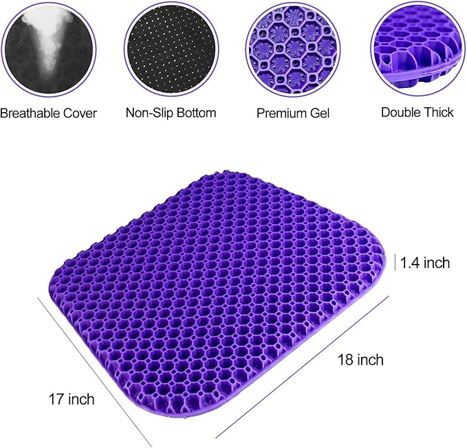Shouken Large Gel Seat Cushion for Long Sitting - 18 x 17 Inches, with Non-Slip Cover, Soft & Breathable, Gel Chair Cushion for Wheelchair, Car, Desk, Home, Office Chair, Hip Pain Relief