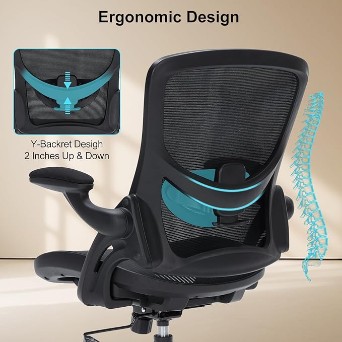 Ergonomic Office Chair with Flip-up Arms, Space Saving Mesh Desk Chair with Adjustable Lumbar Support & Headrest, Breathable Executive Computer Chair, Heavy Duty Swivel Task Chair 300LBS