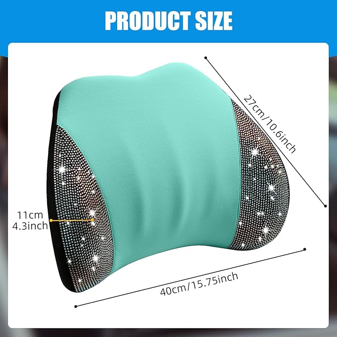 Lumbar Support Pillow with Diamond, Memory Foam Lumbar Pillow for Office Chair for Lower Back Pain Relief, Car Lumbar Support for Driving Seat, Back Support Pillow for car Chair (Green)