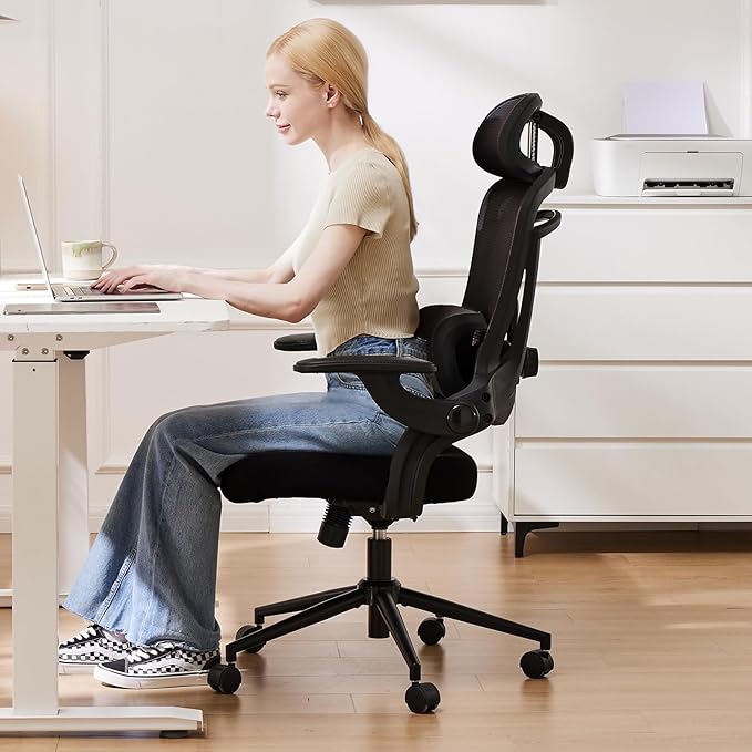 Sweetcrispy Executive Office Ergonomic Desk Chair, 300 LBS Home Mesh Chairs with Wheels, 2D Headrest, Up&Down Lumbar Support, Swivel High Back Computer Chair with Flip-up Armrests,Black