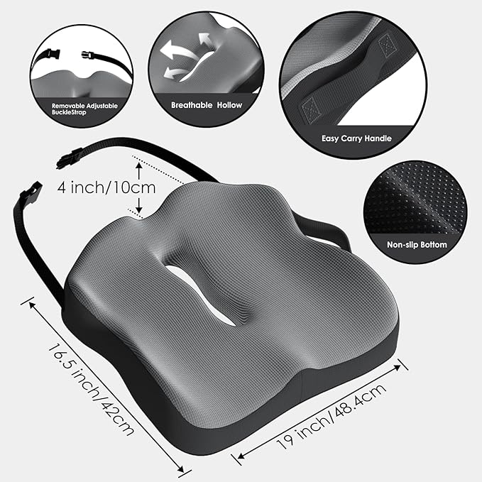 Car Seat Cushion, Extra Large Memory Foam Cushion with Adjustable Strap for Truck Drivers & Long Driving, Orthopedic Sciatica and Tailbone Pain Relief, Comfort Support for Travel Essentials