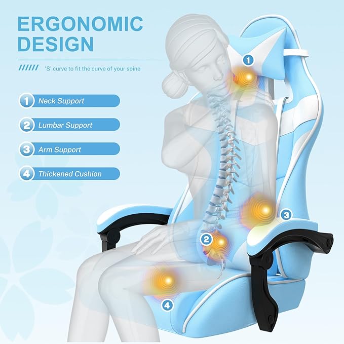 Soontrans Light Blue Gaming Chair with Footrest,Lovely Cute Bunny Computer Gamer Chair,Kawaii Desk Chair for Granddaughter,Sister,Girlfriend,Wife and Love
