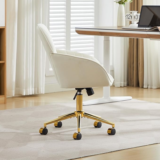 Velvet Home Office Desk Chair, Modern Cute Computer Task Chair with Back, Height Adjustable Upholstered Vanity Chair with Swivel Wheels for Women, Girls (Gold Base, Cream