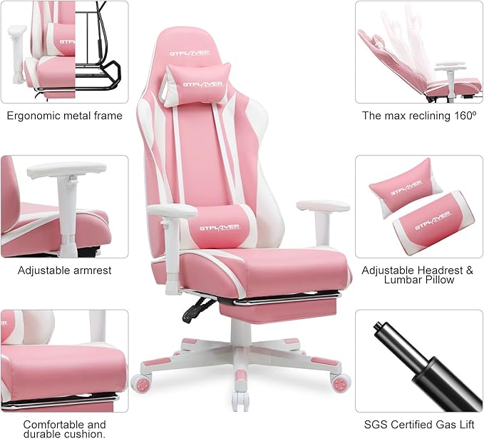 GTPLAYER Gaming Chair with Footrest, Ergonomic Computer Game Desk Chair, Reclining Game Chair Seat Height Adjustment, Swivel Rocker with Headrest and Lumbar (Pink)