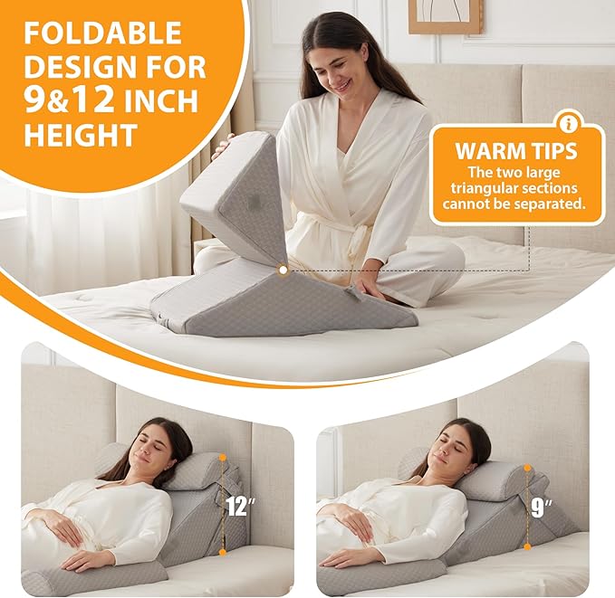 Ruqmuis 4PCS Wedge Pillow Set for After Surgery, Adjustable 9&12 Inch Bed Wedge Pillow for Sleeping, Incline Pillow Wedge for Headboard, Post Surgery, Acid Reflux, Neck&Back Support, Grey
